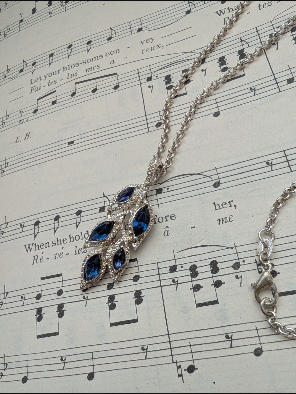 Silver Necklace with Blue Marquise Stones Women’s Pendant Stamped 925 Chain